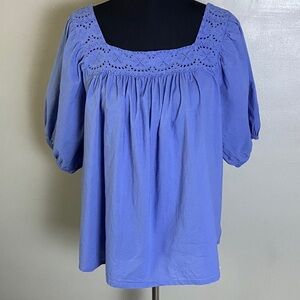 April Cornell Modern Prairie Women's Blue Eyelet Lace Top 100% Cotton Sz L